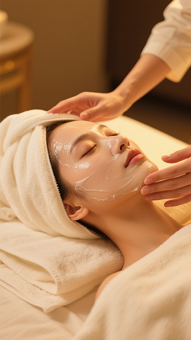 一位年轻女性正在享受专业的面部护理，她舒适地躺在柔软的美容床上，头部被温暖的白色毛巾包裹，脸上敷着莹润的保湿面膜，肌肤在柔和的暖黄色灯光下显得水润透亮。美容师的双手轻柔地在她的面部进行按摩，动作温柔而专业，传递出放松与呵护的感觉。整体氛围宁静、舒适且充满高级感，光线柔和地洒在人物和环境上，营造出温馨而奢华的护肤体验场景，画面聚焦于面部护理的细节，展现出肌肤被细致呵护的瞬间，充满治愈感和专业美容的精致感。