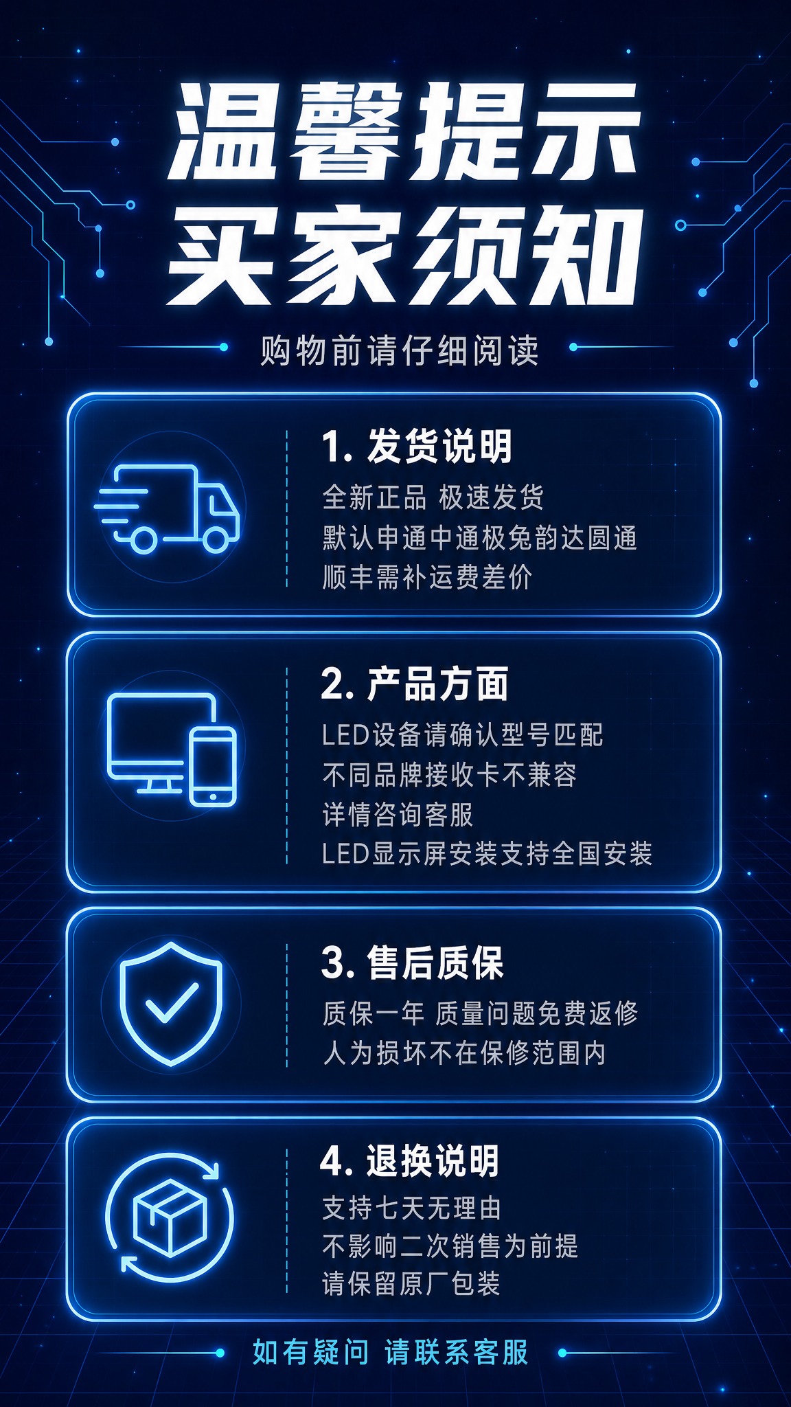 将这张温馨提示买家须知详情页模板改为深蓝色科技风，9:16竖版… - 图片创意预览