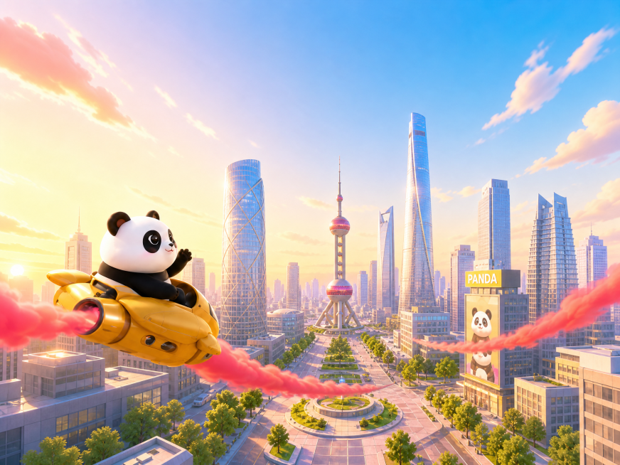 参考原图风格，重新生成，保留核心的熊猫飞行、红色飘带、城市透视和渐变天空，保持画面整体简洁干净，明亮的3D卡通插画风格预览效果