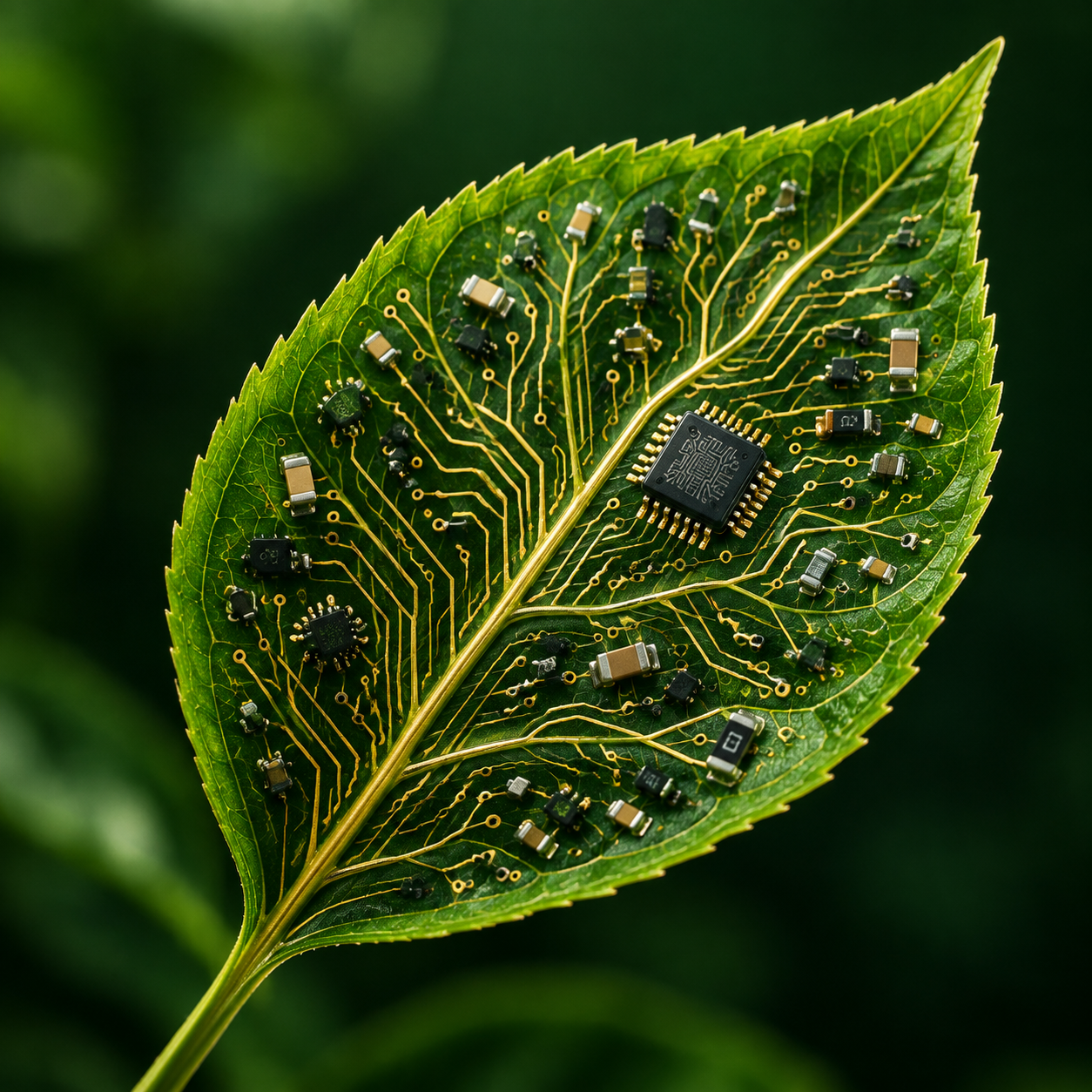 一片精致的绿色树叶，叶脉完全由金色的电路板线路构成，叶片边缘是… - 图片创意预览