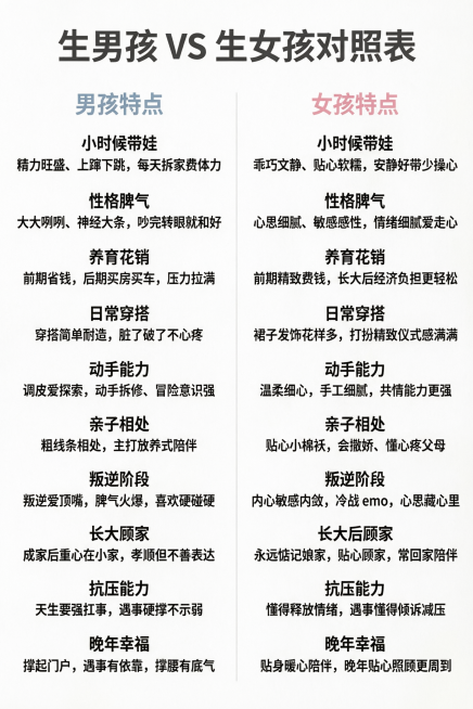 制作一张信息对比图，大标题为"生男孩 VS 生女孩对照表"。表格分为左右两栏，左侧是男孩特点，右侧是女孩特点，包含以下对比内容：
1. 小时候带娃：男孩：精力旺盛、上蹿下跳，每天拆家费体力；女孩：乖巧预览效果