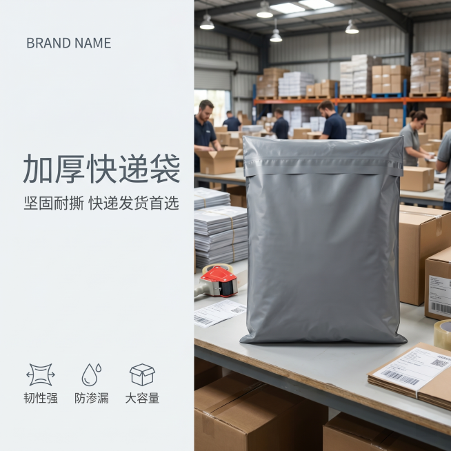[单张主图] 快递袋电商主图，高级氛围感主图，目标是展示快递袋在仓库发货场景中的使用效果。
[画面主体] 快递袋放置在画面右侧偏中的位置，占画面比例约为50%，快递袋保持快递袋材质、颜色和外观正常，主预览效果