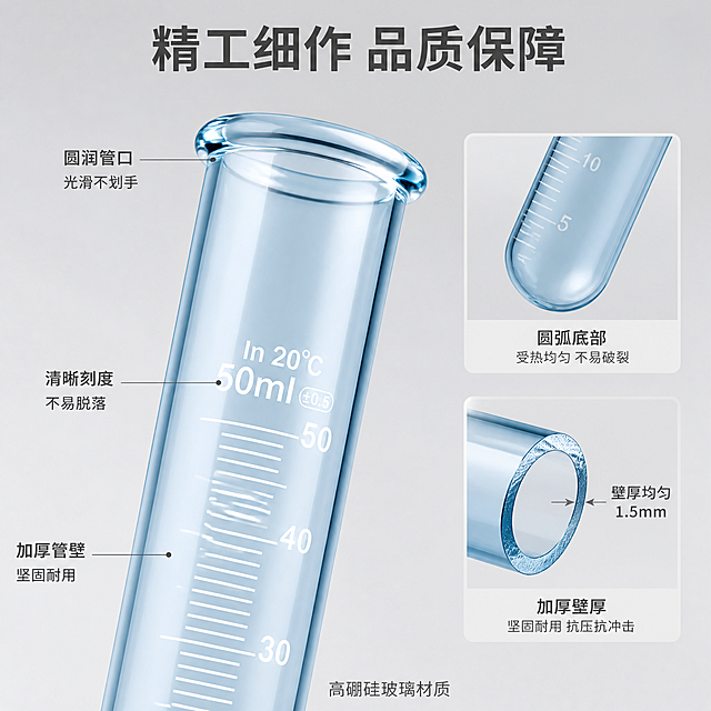 [主图-3] 材质工艺细节特写图。
[氛围风格] 极致精密，高端质感；
[画质] 商业摄影质感、光线柔和通透、产品清晰真实、画面干净高级。
[元素] 画面主体为蓝色玻璃刻度试管的局部微距特写，聚焦试管管口卷边和刻度区域，保持与输入产品图一致的玻璃材质、颜色和刻度样式。管口圆润光滑的卷边工艺清晰可见，刻度线印刷均匀细腻。背景为纯净的浅灰色渐变，突出玻璃的通透质感和工艺细节。画面右侧叠加2个小画中画框：上方展示试管底部圆弧形结构特写，下方展示玻璃管壁厚度截面示意。商品主体占比约75%。
[光影] 侧逆光勾勒玻璃轮廓高光，正面柔光补亮细节，玻璃内部有柔和的光线折射效果，体现高硼硅玻璃的纯净质感。
[配色] 主色浅灰（背景）；辅色透明蓝（玻璃）；强调色银灰（高光与描边）。
[视角构图] 微仰视特写角度，主体斜向构图，画中画分布于右侧，层次丰富。
[文字版式] 顶部居中主标题大字粗体"精工细作 品质保障"。试管旁引线标注3处细节：「圆润管口」「光滑不划手」、「清晰刻度」「不易脱落」、「加厚管壁」「坚固耐用」。底部小字标注"高硼硅玻璃材质"。字体为现代无衬线，深灰字，排版简洁精致。
[输出要求] 1:1比例，文字清晰锐利，超高清商业摄影质感。
[负向提示词] 变形，文字错乱，产品图模糊，背景杂乱，水印，电商平台Logo。
