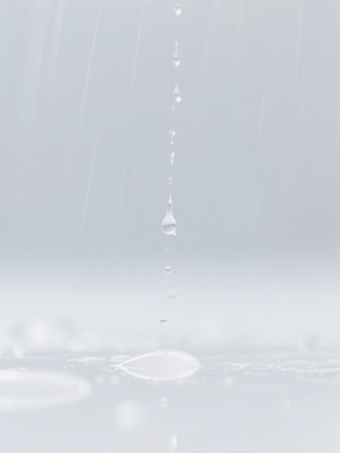 纯净白色背景下，轻柔雨滴如透明丝线般飘落，雨滴表面平滑如镜，柔和光线漫反射，营造出宁静空旷又带雨滴通透感的干净雨景背景预览效果