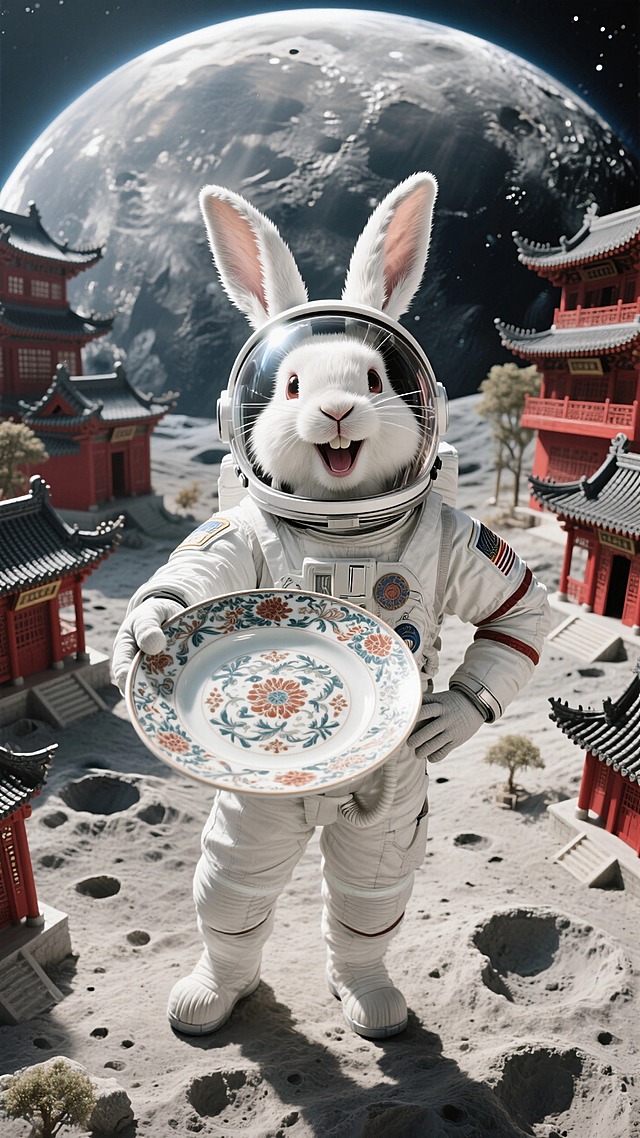 俯瞰全景摄影，一只拟人化的宇航员白兔，脸怼镜头大笑，右手拿着巨大的中式花纹的盘子向前伸到镜头前面（居中特写盘子），另一只手插腰，脚下周围是月球表面和微缩的中式古建筑，球形超广角