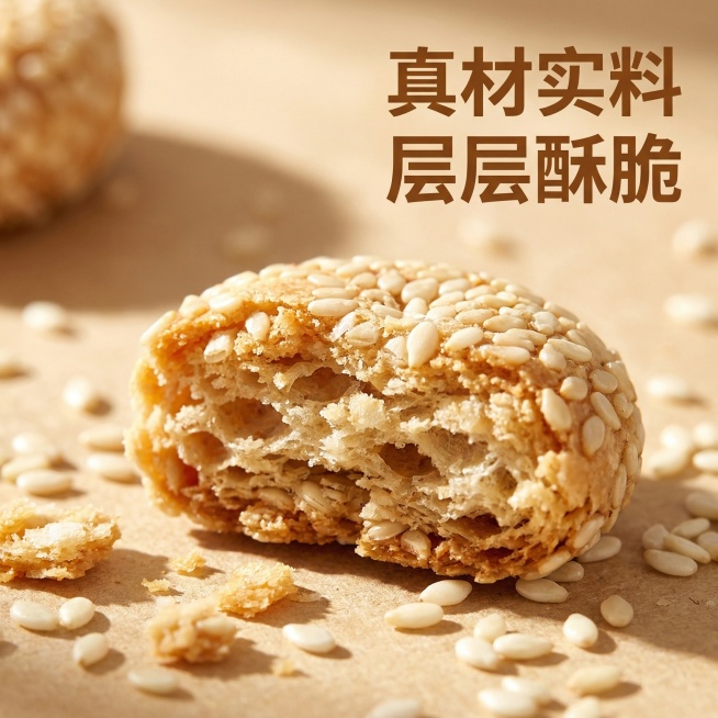 [主图 3 细节工艺修改]
[主图主题] 芝麻小圆饼工艺细节展示
[氛围/风格] 暖色调写实风格，暖阳光影，突出酥脆质感
[画面元素] 切开扁状剖面特写展示芝麻小圆饼内部疏松结构，产品外形为扁扁小圆饼预览效果