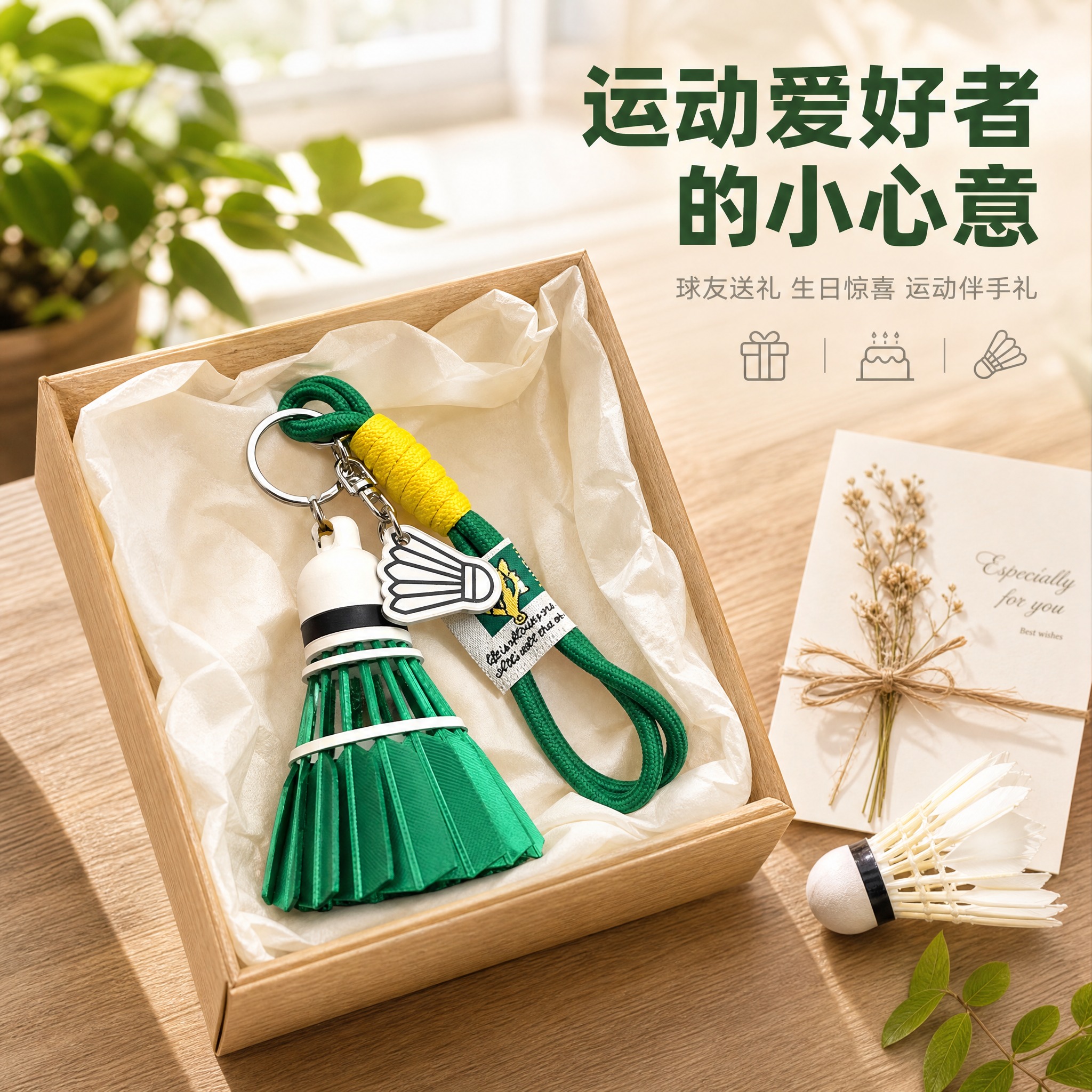 [主图-6] 绿色羽毛球造型钥匙扣挂件 送礼推荐与场景氛围图。… - 图片创意预览