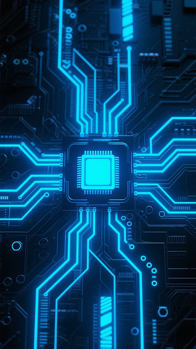 电路板主题的抽象科技感背景，深蓝色调为主，中央有一个发光的芯片，周围环绕着复杂的电路纹路，电路上有蓝色的霓虹灯效果，整体呈现出赛博朋克风格，画面充满未来感和科技感，构图对称，光影对比强烈，细节丰富，具有强烈的视觉冲击力。