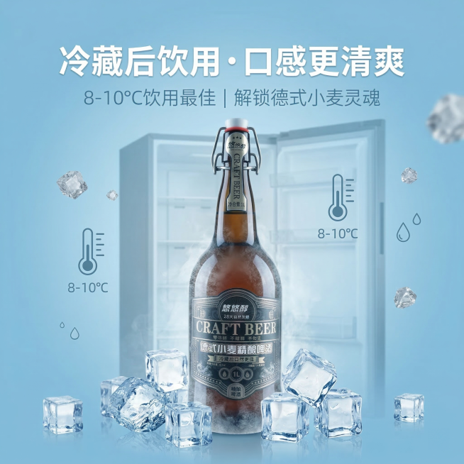 [垫图] https://dify-grsai.dancf.com/images/4d35384fe20c41a290aac5eef51ddba1.png
悠悠醇德式小麦精酿啤酒饮用建议淘宝主图，清爽预览效果