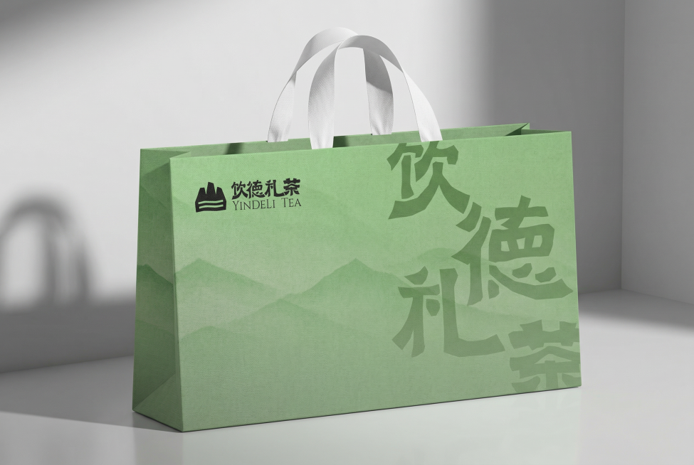 将图2的饮德礼茶文字、图案和绿色山水背景，按照原有比例完整应用到图1的手提袋表面，1:1保留图2的所有字体、图案细节与色彩，将手提袋横向适当拉长，与设计自然融合，保持清新雅致风格，采用商业布光，质感细预览效果