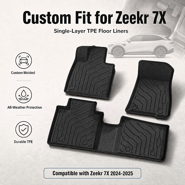 在这张亚马逊汽车脚垫主图的右上角位置，添加一辆极氪7X（Zeekr 7X）白色SUV汽车的侧面半透明轮廓图，汽车图片以淡灰色半透明剪影形式呈现，大小适中，不遮挡主标题和脚垫产品，作为车型适配的视觉暗示。保持原图中所有元素不变：黑色TPE脚垫三件套、左侧三个功能图标及英文文字、顶部大标题"Custom Fit for Zeekr 7X"、副标题"Single-Layer TPE Floor Liners"、底部标签"Compatible with Zeekr 7X 2024-2025"、浅灰渐变背景全部保留原样。极氪7X车型图要真实还原车型外观，现代SUV造型，线条流畅，半透明融入背景，整体风格统一高级。
