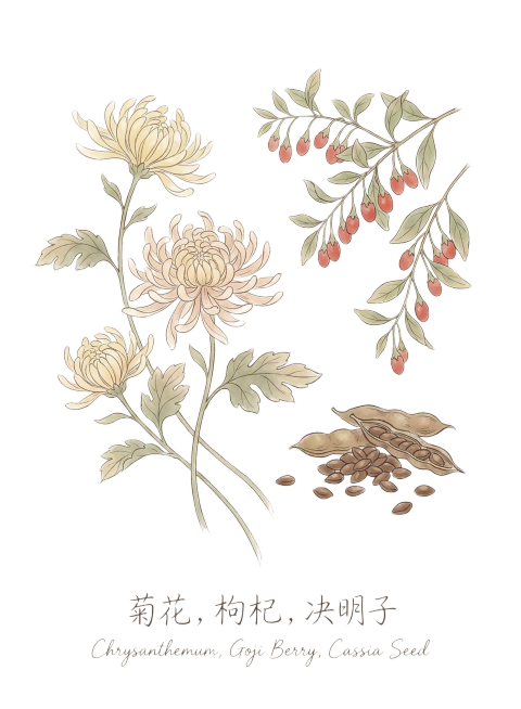 帮我生成一张又菊花 枸杞 决明子这几种食材在一起的插画 画风参考所给参考图中包装图上插画的风格来预览效果