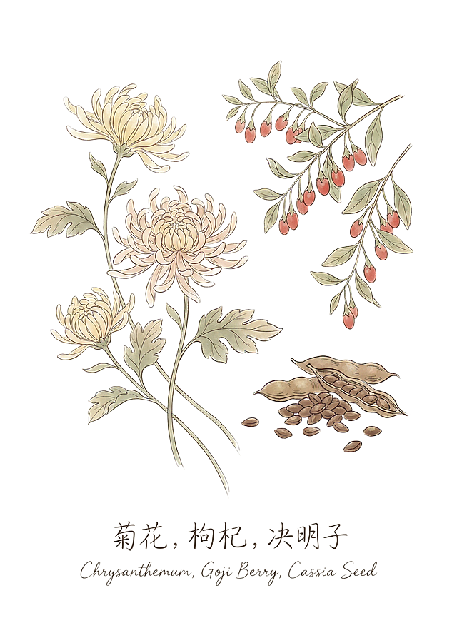 帮我生成一张又菊花 枸杞 决明子这几种食材在一起的插画 画风参考所给参考图中包装图上插画的风格来