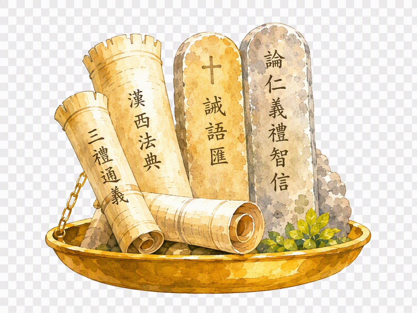 从这张水彩风格海报中提取左侧托盘里的卷轴和典籍石碑元素，包括三… - 图片创意预览