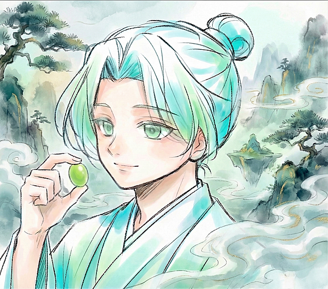 增强画面仙气缥缈的仙境氛围感，增加朦胧柔化的水墨晕染效果，让整体更有飘渺灵动的仙气感，保留人物造型和现有修改