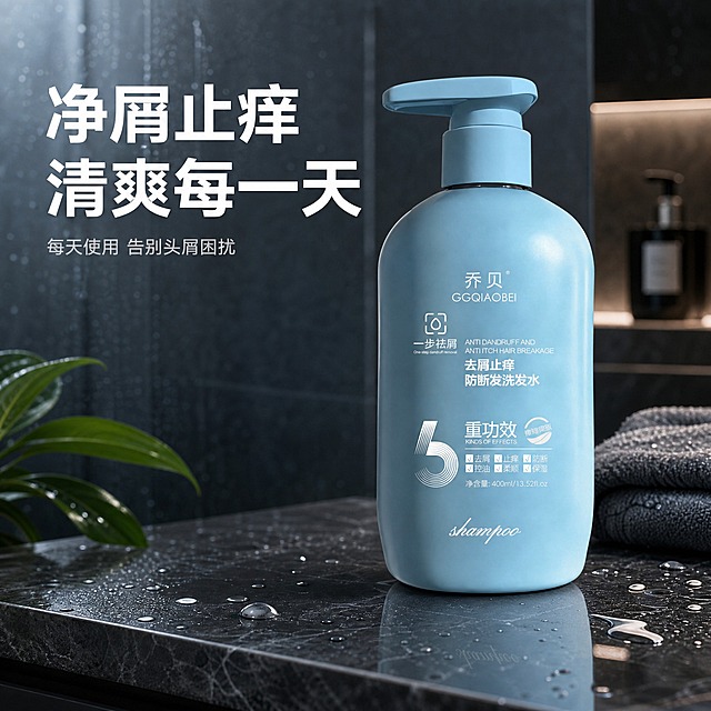 [主图-5] 使用场景，乔贝去屑止痒防断发洗发水400ml正装，浴室场景氛围。
[统一基调] 深色背景主视觉，深灰蓝调浴室场景，主标题白色粗体非衬线字体，辅助文字浅灰色，强调色用浅蓝，整体专业品质感。
[画面] 产品瓶身放置在深色大理石浴室台面上，正面朝镜头略偏右，占画面约40%。台面上有少量水雾和水珠，旁边有一块深灰色毛巾和一片绿叶点缀。背景是模糊的深灰色瓷砖墙面，有柔和的浴室水雾氛围，整体暗调高级。产品下方有台面倒影。
[光影质感] 浴室暖光氛围，柔和漫射光，产品瓶身有环境光反射，台面上水珠晶莹。整体氛围静谧高级，有生活仪式感。
[配色] 场景深灰蓝色调，大理石台面深灰色带白色纹理，毛巾深灰色，绿叶点缀自然绿。主标题白色。
[文字版式] 画面左上角主标题"净屑止痒 清爽每一天"白色粗体大字。副标题"每天使用 告别头屑困扰"浅灰小字在下方。字体统一非衬线体。
[输出要求] 1:1正方形，2048x2048像素，产品清晰不变形，场景真实自然，文字清晰，无水印无平台Logo。