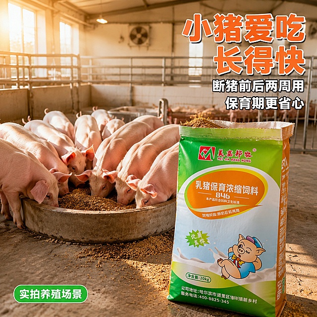 [主图-3] 乳猪饲料养殖场景使用体验图。[氛围风格] 真实养殖场景 生活化接地气 快手风格 真实感强 让养殖户有代入感。[画质] 真实摄影质感 自然光感 画面生动有生活气息 产品清晰。[元素] 画面为现代化养猪场保育舍内景 干净整洁的猪舍环境 地面为防滑水泥地 墙面白色瓷砖。画面中央有一群健康活泼的乳猪在食槽边进食 乳猪毛色光亮 体型匀称 精神状态好。食槽旁边放置着美嘉邦农乳猪保育浓缩饲料846的包装袋 已经打开 袋口有饲料倒出的痕迹 产品占画面约30% 位于画面右侧前景位置。背景中可以看到整齐的保育栏位 通风设备 温度适宜的养殖环境。左上角有阳光从窗户照入 形成自然光束。[光影] 左侧窗户自然光为主光 暖色调 室内补光柔和 整体光线明亮温暖 乳猪和产品受光均匀 阴影自然 有真实的养殖环境氛围感。[配色] 主色调暖黄色和绿色 暖光营造温馨感 产品包装的绿色橙色作为点缀 整体色调温暖真实有生活感。[视角构图] 略微俯视的角度 像人站在猪舍里观察的视角 前景是饲料袋和食槽 中景是进食的乳猪 背景是猪舍环境 有景深层次 画面满屏无边框。[文字版式] 画面右上角负空间排版文字 不遮挡主体。顶部主标题 小猪爱吃 长得快 超大号橙色粗体字 非常醒目。下方两行辅助文字 断奶前后两周用 保育期更省心 白色粗体字 带轻微黑色描边确保在复杂背景上可读。左下角有一个绿色圆角标签 写 实拍养殖场景 白色小字。所有文字横排 清晰可读。[输出要求] 1:1比例 文字清晰锐利 超高清真实摄影质感。[负向提示词] 变形 文字错乱 产品模糊 背景杂乱 水印 电商平台Logo 多余的手 畸形手 人物面部扭曲 猪的形态怪异。