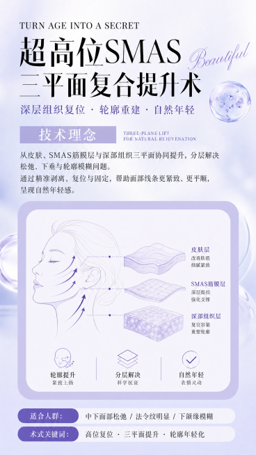 参考这张图的底图风格和浅紫色配色，制作一张超高位SMAS三平面复合提升术的医美科普海报，保持整体排版结构，替换文案内容为超高位SMAS三平面复合提升术的科普介绍，保留干净简约的医美抗衰设计风格预览效果