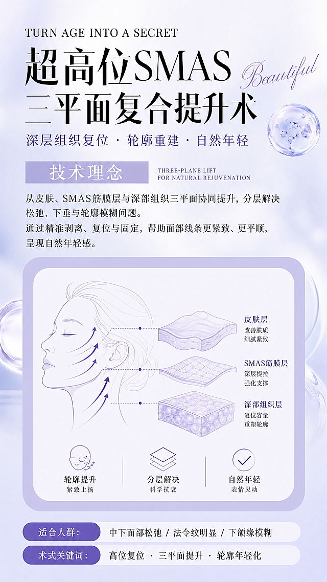 参考这张图的底图风格和浅紫色配色，制作一张超高位SMAS三平面复合提升术的医美科普海报，保持整体排版结构，替换文案内容为超高位SMAS三平面复合提升术的科普介绍，保留干净简约的医美抗衰设计风格