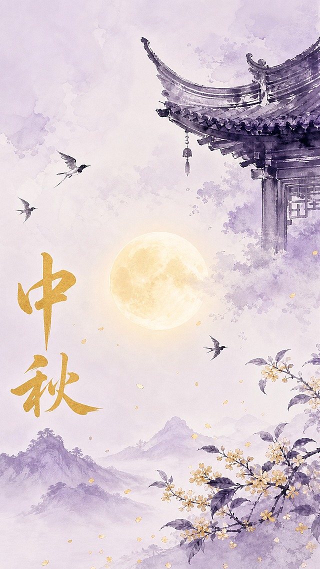 新中式水墨风中秋节海报，淡紫色背景，颜色比之前更浅更柔和，整体清雅通透。画面左下角竖排上下排列两个金黄毛笔书法大字"中秋"，笔触为平面毛笔字效果，不要立体浮雕感，不要金属光泽凸起，就是纯粹的毛笔书法墨迹效果，金色温润平和。右上角绘有一座水墨写意风格的传统房顶建筑，飞檐翘角突出，占据右上角大半个位置，以浓淡墨色晕染，水墨感强，如同宣纸水墨画效果，建筑周围有淡淡云烟。建筑旁和"中秋"二字周围点缀几只水墨飞鸟，姿态轻盈。画面中部有一轮朦胧圆月，淡金色光晕柔和。画面下方点缀水墨桂花枝，花瓣细碎飘落，远处有淡墨远山。整体画面干净简洁，底部没有任何广告文字、联系方式、二维码、地址电话等商业信息，纯节日氛围海报。版式精美，国风新中式水墨风格，超高清画质。