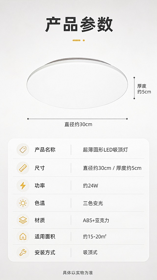 [商品] 使用【图1】白色超薄圆形LED吸顶灯；保留圆形超薄造型、白色灯罩、灰色边框线条、整体比例和材质质感；产品正面平视展示，旁边标注尺寸引线。
[画面] 目标：产品参数信息页，清晰展示规格参数。构图：上方产品大图居中，带直径和厚度尺寸引线标注；下方参数表格，分栏清晰。产品占画面约35%，正面角度。背景：浅灰色渐变，简洁专业。
[视觉] 套系策略：风格=现代简约家居商业摄影；标题字=无衬线粗体；正文字=简洁无衬线体；主色=米白+浅灰；背景延展=基于米白浅灰做深浅层级、同色渐变和细腻质感；强调色=暖黄光，仅用于小面积图标、引线和光效点缀；标题色=深炭灰；正文色=中灰；组件=圆角浅底信息卡、细线引线；光影=均匀柔和顶光。
[文字] 顶部主标题「产品参数」；下方参数表包含：产品名称、尺寸（直径约30cm/厚度约5cm）、功率（约24W）、色温（三色变光）、材质（ABS+亚克力）、适用面积（约15-20㎡）、安装方式（吸顶式）；底部小字「具体以实物为准」，文字全部横排。
[规格] 图片比例9:16竖版，4K分辨率，medium质量，避免变形、错字、文字过小、参数虚构夸张、绝对化用语。