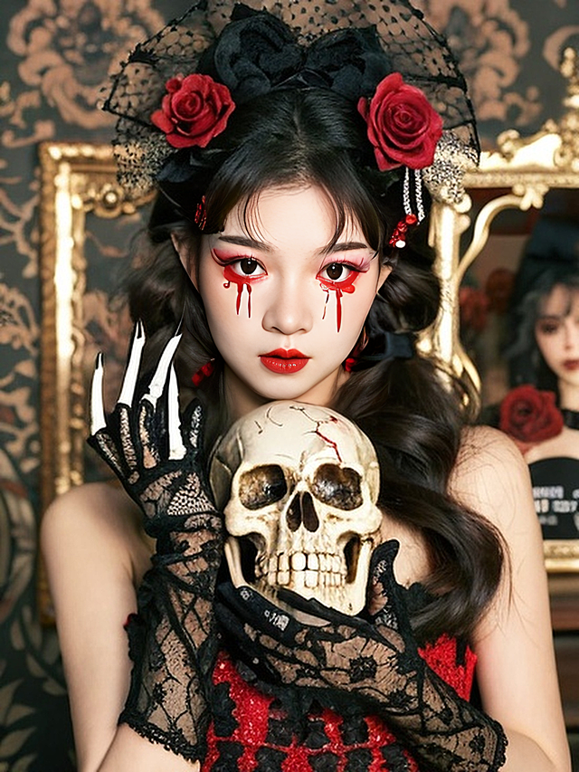 眼妆以红色系为主，搭配下眼睑的血色泪痕，穿着黑红蕾丝服饰，佩戴黑色蕾丝手套，头上戴有骷髅爪发饰（贴在头上）、红玫瑰；手持骷髅头道具，背景是复古暗黑风格的室内场景