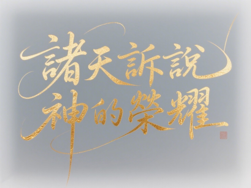 国潮新中式，文字”諸天訴說神的榮耀“，书法字体烫金效果， 背景透明预览效果