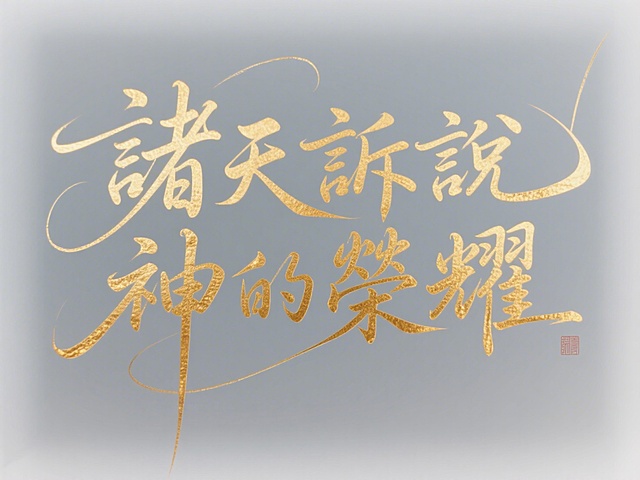 国潮新中式，文字”諸天訴說神的榮耀“，书法字体烫金效果， 背景透明