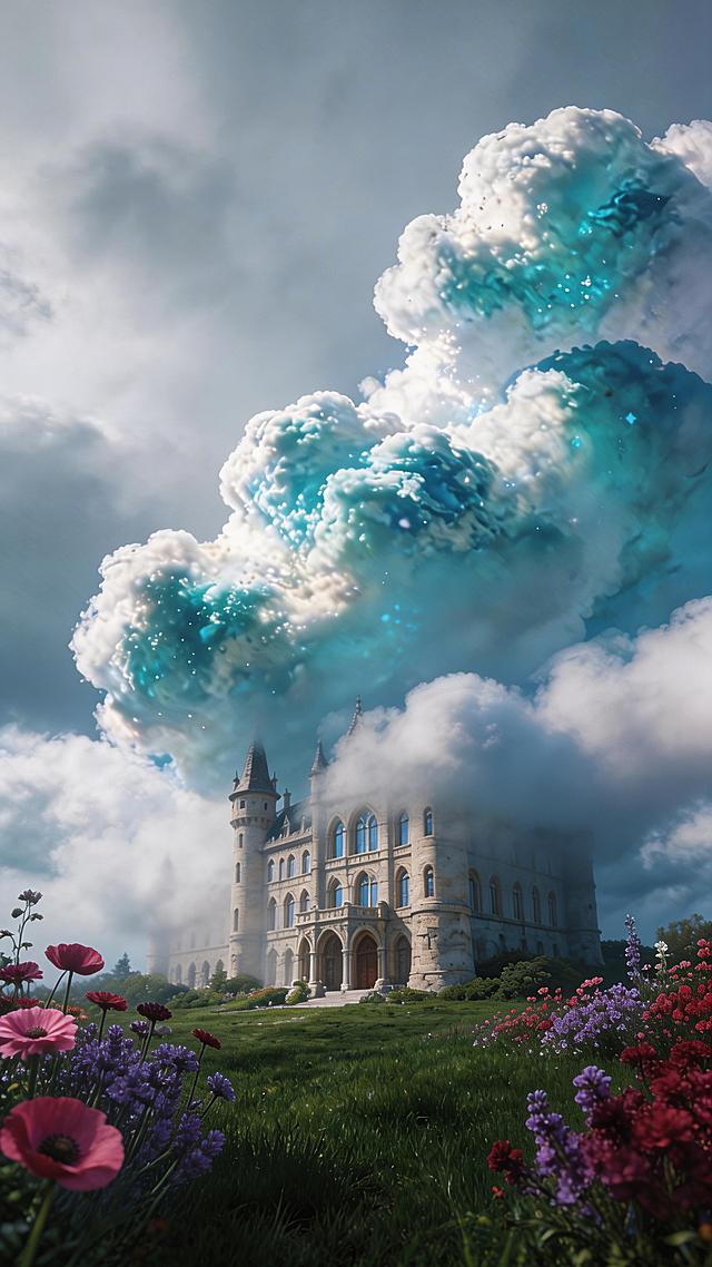 将所有云朵替换为主色白色、点缀大量蓝青的样式，草坪改为墨绿深绿色，花朵替换为深色且鲜艳的品种，添加裸眼3D效果，强化色彩饱和度与对比度，强化云朵纹理质感