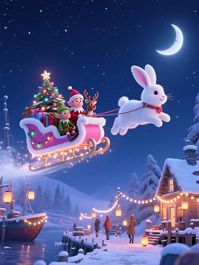 梦幻3D风格圣诞夜景，拟人化白兔拉雪橇，精灵与驯鹿共庆佳节，软3D质感融合粒子光效，温馨卡通氛围，点亮冬日童话。