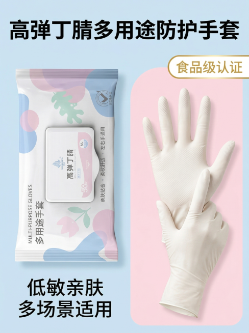 丁腈手套详情页首屏，浅干净背景，左侧放置产品包装袋，右侧展示珍珠白丁腈手套，顶部大字“高弹丁腈多用途防护手套”，右上角圆角标签“食品级认证”，底部文案“低敏亲肤 多场景适用”，保持参考图的粉蓝清新风格预览效果
