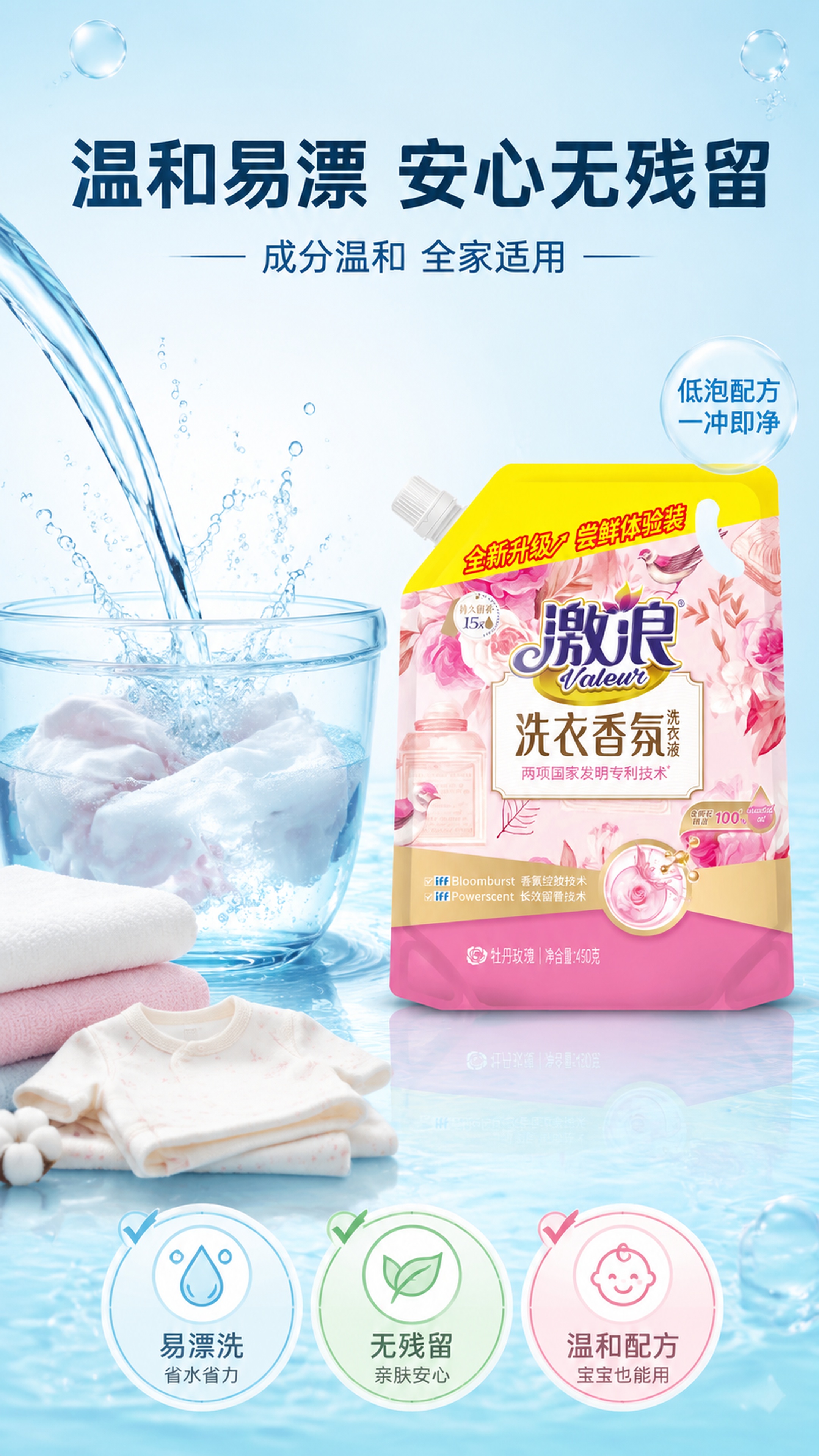 [第5屏] 温和安心-激浪洗衣香氛洗衣液易漂洗无残留。本屏使用… - 图片创意预览