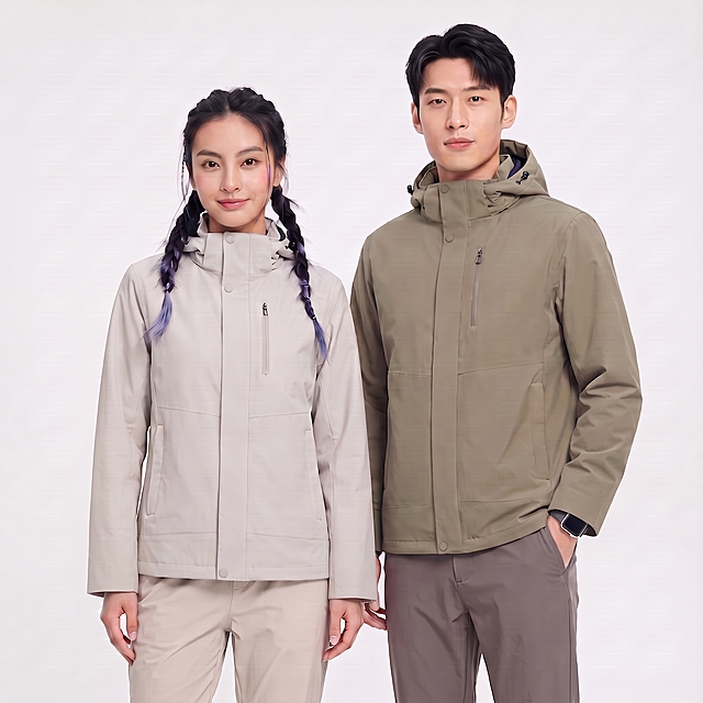 去掉男女模特冲锋衣袖口的折线缝线，袖口改为平整光滑的直筒边，没有横向的拼接折线，保持衣服原有的颜色、面料质感、版型和所有其他设计元素不变，整体背景、光影、人物姿态均保持原样，自然真实毫无违和感
