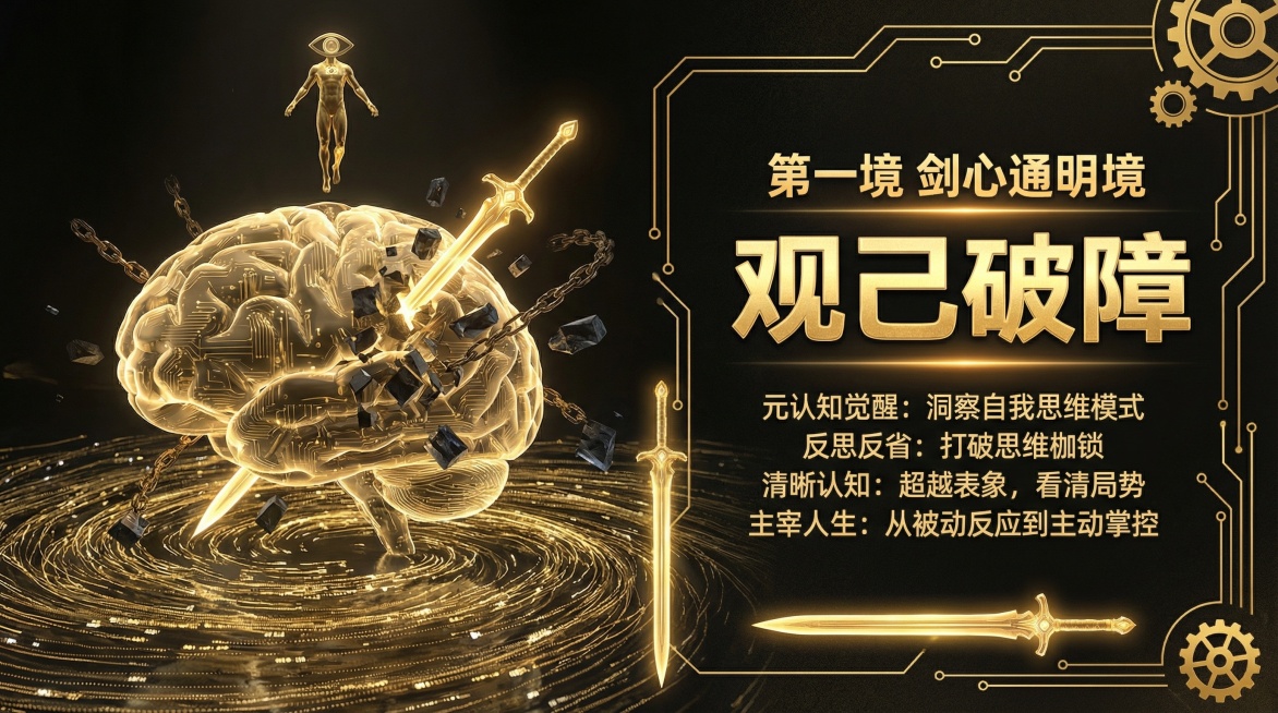 参考上传的对标思维模型详情图的黑金色科技修仙风格，生成16:9尺寸的剑心通明境详情图，画面左侧呈现带有上帝视角的识海观心的抽象视觉，右侧排版第一境剑心通明境的核心文字内容，突出观己破障的修行主旨，风格预览效果
