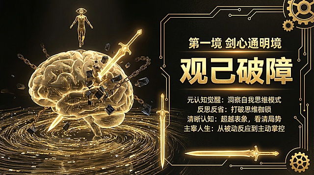 参考上传的对标思维模型详情图的黑金色科技修仙风格，生成16:9尺寸的剑心通明境详情图，画面左侧呈现带有上帝视角的识海观心的抽象视觉，右侧排版第一境剑心通明境的核心文字内容，突出观己破障的修行主旨，风格冷峻大气