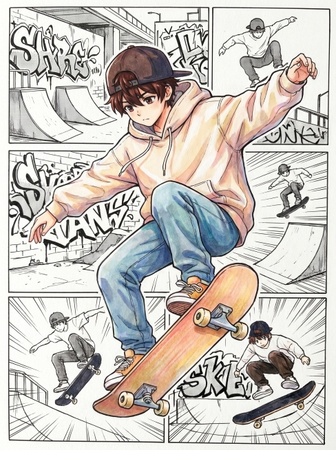 动漫男生半身插画临摹卡，马克笔手绘为主，穿插少量水彩晕染和彩色圆珠笔 / 中性笔线稿，漫画分镜式背景，黑白线稿 + 中心人物上色，真实手绘质感，纸张纹理，线条干净利落，色彩柔和明快，适合中小学生临摹，预览效果