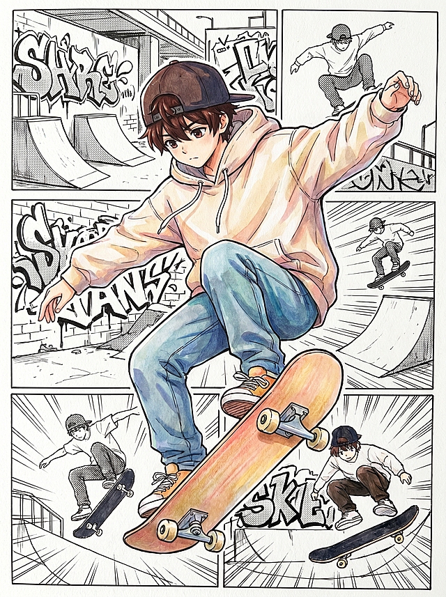 动漫男生半身插画临摹卡，马克笔手绘为主，穿插少量水彩晕染和彩色圆珠笔 / 中性笔线稿，漫画分镜式背景，黑白线稿 + 中心人物上色，真实手绘质感，纸张纹理，线条干净利落，色彩柔和明快，适合中小学生临摹，高清，无文字干扰
网球少年：动漫男生半身插画临摹卡，马克笔手绘为主，穿插少量水彩晕染和彩色圆珠笔线稿，漫画分镜式背景，黑白线稿 + 中心人物上色，真实手绘质感，纸张纹理，线条干净利落，色彩柔和明快，适合中小学生临摹，高清，无文字干扰，银白卷发少年，穿蓝白连帽卫衣，背着网球包，背景是网球场、球拍、网球的漫画线稿
滑板少年：动漫男生半身插画临摹卡，马克笔手绘为主，穿插少量水彩晕染和彩色圆珠笔线稿，漫画分镜式背景，黑白线稿 + 中心人物上色，真实手绘质感，纸张纹理，线条干净利落，色彩柔和明快，适合中小学生临摹，高清，无文字干扰，深棕发少年，戴鸭舌帽，穿 oversize 卫衣，脚踩滑板，背景是街头涂鸦、坡道、滑板动作线稿
露营少年：动漫男生半身插画临摹卡，马克笔手绘为主，穿插少量水彩晕染和彩色圆珠笔线稿，漫画分镜式背景，黑白线稿 + 中心人物上色，真实手绘质感，纸张纹理，线条干净利落，色彩柔和明快，适合中小学生临摹，高清，无文字干扰，浅棕发少年，穿户外冲锋衣，戴登山帽，手持露营灯，背景是帐篷、篝火、星空的素描线稿
13-18 号（第三组）
图书馆少年：动漫男生半身插画临摹卡，马克笔手绘为主，穿插少量水彩晕染和彩色圆珠笔线稿，漫画分镜式背景，黑白线稿 + 中心人物上色，真实手绘质感，纸张纹理，线条干净利落，色彩柔和明快，适合中小学生临摹，高清，无文字干扰，黑发少年，戴黑框眼镜，穿针织开衫，手持书本，背景是书架、台灯、翻开的书页线稿
街头涂鸦少年：动漫男生半身插画临摹卡，马克笔手绘为主，穿插少量水彩晕染和彩色圆珠笔线稿，漫画分镜式背景，黑白线稿 + 中心人物上色，真实手绘质感，纸张纹理，线条干净利落，色彩柔和明快，适合中小学生临摹，高清，无文字干扰，粉发少年，穿工装外套，戴涂鸦风项链，手持喷漆罐，背景是砖墙、涂鸦字体、街头建筑线稿
古风侠客少年：动漫男生半身插画临摹卡，马克笔手绘为主，穿插少量水彩晕染和彩色圆珠笔线稿，漫画分镜式背景，黑白线稿 + 中心人物上色，真实手绘质感，纸张纹理，线条干净利落，色彩柔和明快，适合中小学生临摹，高清，无文字干扰，黑发束发少年，穿古风交领衣，手持长剑，背景是竹林、屋檐、灯笼线稿
烘焙少年：动漫男生半身插画临摹卡，马克笔手绘为主，穿插少量水彩晕染和彩色圆珠笔线稿，漫画分镜式背景，黑白线稿 + 中心人物上色，真实手绘质感，纸张纹理，线条干净利落，色彩柔和明快，适合中小学生临摹，高清，无文字干扰，金发少年，戴厨师帽，穿围裙，手持曲奇饼干，背景是烤箱、打蛋器、面粉袋线稿
猫咪少年：动漫男生半身插画临摹卡，马克笔手绘为主，穿插少量水彩晕染和彩色圆珠笔线稿，漫画分镜式背景，黑白线稿 + 中心人物上色，真实手绘质感，纸张纹理，线条干净利落，色彩柔和明快，适合中小学生临摹，高清，无文字干扰，灰发少年，穿宽松毛衣，怀里抱着橘猫，背景是猫爪印、毛线球、猫罐头线稿
音乐少年：动漫男生半身插画临摹卡，马克笔手绘为主，穿插少量水彩晕染和彩色圆珠笔线稿，漫画分镜式背景，黑白线稿 + 中心人物上色，真实手绘质感，纸张纹理，线条干净利落，色彩柔和明快，适合中小学生临摹，高清，无文字干扰，银发少年，戴耳机，穿乐队 T 恤，手持吉他，背景是音符、贝斯、舞台灯光线稿
19-20 号（第四组）
宇航员少年：动漫男生半身插画临摹卡，马克笔手绘为主，穿插少量水彩晕染和彩色圆珠笔线稿，漫画分镜式背景，黑白线稿 + 中心人物上色，真实手绘质感，纸张纹理，线条干净利落，色彩柔和明快，适合中小学生临摹，高清，无文字干扰，蓝发少年，穿宇航服外套，戴头盔，背景是星球、火箭、星空线稿
樱花少年：动漫男生半身插画临摹卡，马克笔手绘为主，穿插少量水彩晕染和彩色圆珠笔线稿，漫画分镜式背景，黑白线稿 + 中心人物上色，真实手绘质感，纸张纹理，线条干净利落，色彩柔和明快，适合中小学生临摹，高清，无文字干扰，棕发少年，穿日式校服，站在樱花树下，背景是飘落的花瓣、神社、樱花枝线稿