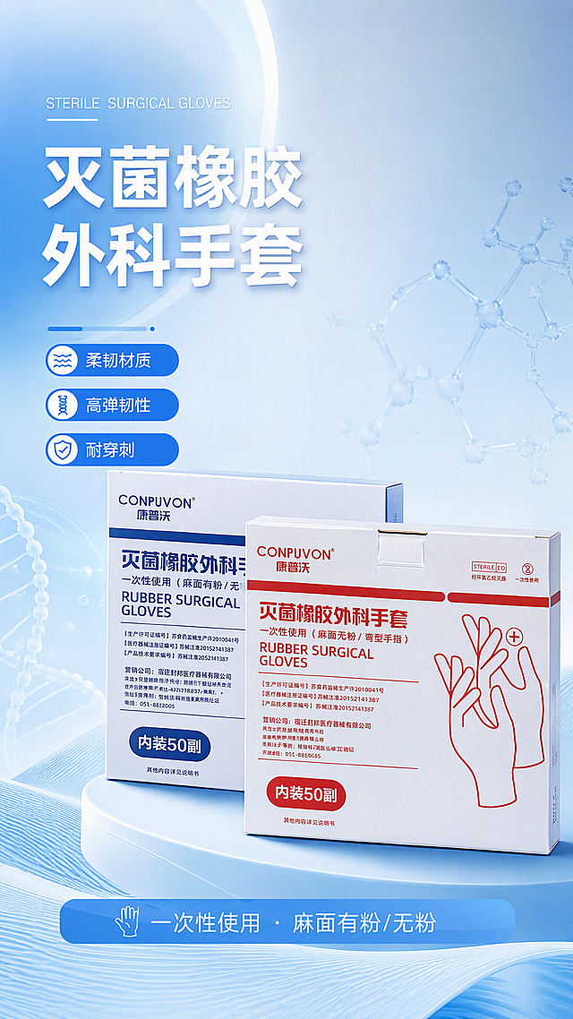 第1张 详情页头图-灭菌橡胶外科手套产品主视觉海报。本张使用【图1】作为商品主体（康普沃灭菌橡胶外科手套包装盒，红蓝两款）。
[氛围/风格] 淡蓝色系医疗科技风，几何线条设计感，现代简约，商业摄影质感。
[元素布局] 两款包装盒错落斜置摆放于画面右下区域，红色款在前略大，蓝色款在后略偏左上，形成层次感，整体占比约50%；包装盒保持原图品牌标识、颜色和文字一致；背景为淡蓝色渐变，左侧有抽象几何医疗线条（DNA双螺旋/分子结构感）装饰，底部有淡蓝色波浪形台面承托产品；左上角有半透明圆形光晕装饰。
[光影质感] 左上方柔光，右侧辅助光，包装盒下方柔和投影，整体通透有科技感。
[配色色系] 全局底色 #E3F2FD 淡蓝渐变；主色 #2196F3 亮蓝；辅助色白色、红色、深蓝几何线条。
[视角构图] 45°斜侧俯视，产品偏右下，阅读动线左上标题 → 右下产品。
[文字版式] 版式为左侧竖排标题区 + 右下产品。左侧主标题「灭菌橡胶外科手套」白色粗体大字叠加在蓝色渐变块上；上方英文「STERILE SURGICAL GLOVES」细体小字；下方三个蓝色圆角矩形标签竖向排列：「柔韧材质」「高弹韧性」「耐穿刺」；底部蓝色横条标注「一次性使用 · 麻面有粉/无粉」；文字有设计感，不遮挡产品。
[比例分辨率] 9:16 竖版比例，4K分辨率，文字清晰可辨，高清画质。
[负向提示词] 包装盒变形，文字错乱，颜色偏差，水印，产品模糊，背景杂乱，缺件错件。