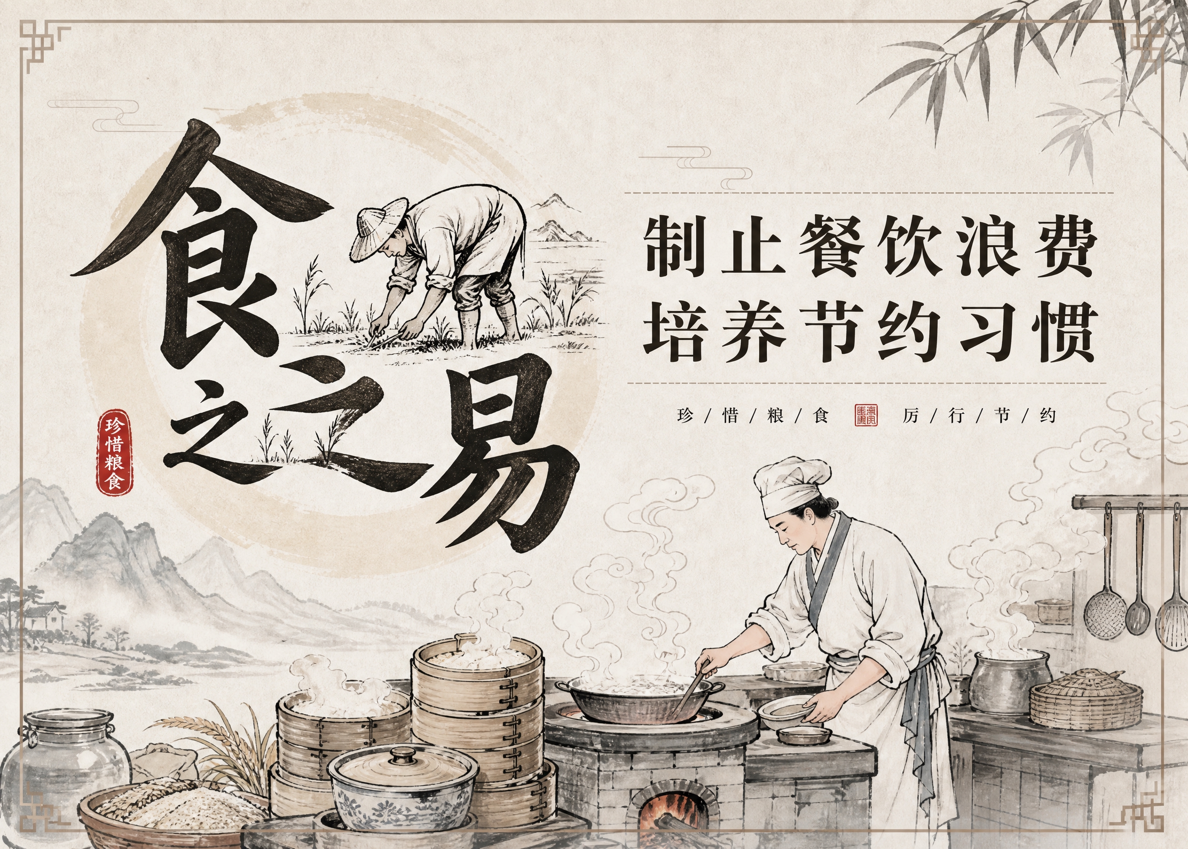 文明餐桌桌签设计，横版7:5比例。国风线描插画风格，左侧大字"… - 图片创意预览