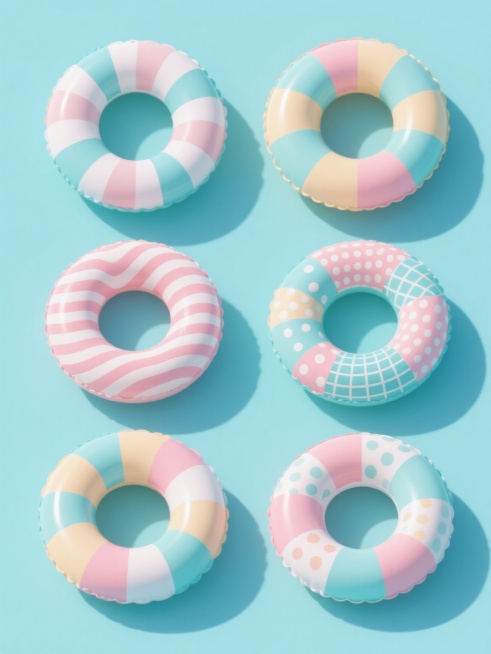 一套6个不同造型的充气游泳圈系列素材集合，每个游泳圈保持原有的3D立体风格、光滑塑胶质感、明亮高光和柔和阴影效果，采用纯色背景，整体色彩变换为6种不同的马卡龙色系组合，每个游泳圈具有独特的几何拼色设计（如条纹、波浪纹、斑点、块状、渐变、网格等），所有游泳圈规整地排列在画面中，呈现出整齐划一的布局，保持一致的光照方向和体积感，营造出活泼、清新、适合夏季的氛围。预览效果