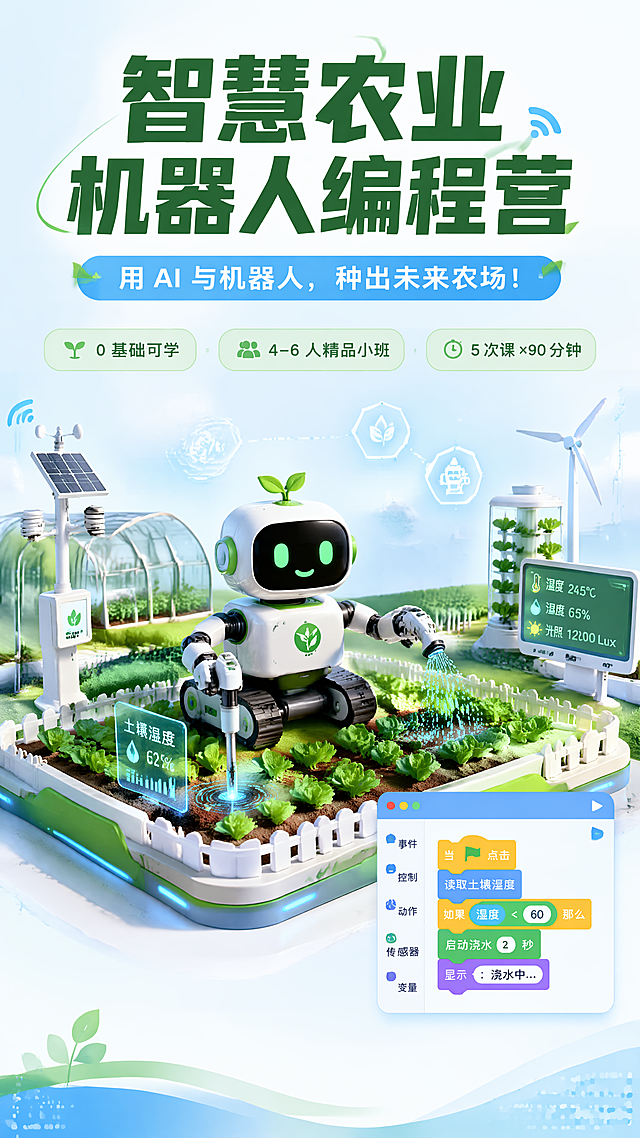 [第1屏] 详情页头图-智慧农业机器人编程营课程宣传海报。
[氛围/风格] 清新科技感教育海报风格，明亮绿色搭配浅蓝科技底色，整体活力专业，面向小学生和家长，兼具科技感与亲和力。
[元素布局] 画面顶部区域预留主标题位置，中间区域放置简约的农业机器人和智能农场沙盘场景，展示机器人监测土壤、浇水的可爱造型，小朋友友好风格，右下角放置一个小小的编程界面元素点缀。整个画面干净明亮，信息层级清晰。
[光影质感] 顶部柔光主光，整体明亮通透，主体机器人和场景阴影自然柔和，科技元素带有轻微发光效果，提升层次感。
[配色色系] 全局底色：#F5FBFF；主体配色：#2E7D32（深绿）+ #42A5F5（浅蓝）+ #81C784（浅绿）；辅助色：#FFFFFF（白色块）+ #1B5E20（深绿文字）。
[视角构图] 正面居中构图，视觉焦点在主标题和中部场景，从上到下自然阅读动线，主体占据画面60%区域，留白舒适。
[文字版式] 主标题放在画面顶部居中，文字为"智慧农业机器人编程营"，字号大，加粗深绿色，醒目清晰。主标题下方是副标题，一行白色文字放在浅蓝色块上，文字为"用 AI 与机器人，种出未来农场！"，字号适中。副标题下方是核心参数标签，文字为"0 基础可学｜4–6 人精品小班｜5 次课 ×90 分钟"，用三个浅绿圆角矩形框分开展示，文字深绿色。画面底部保留少许留白，整体不拥挤，文字全部清晰可读，不遮挡核心场景。
[比例分辨率] 9:16 竖版比例，4K 分辨率，文字清晰可辨，超高清。
[负向提示词] 文字变形，文字错乱，水印，产品模糊，背景杂乱，违规表达，成人化复杂设计，颜色暗沉。