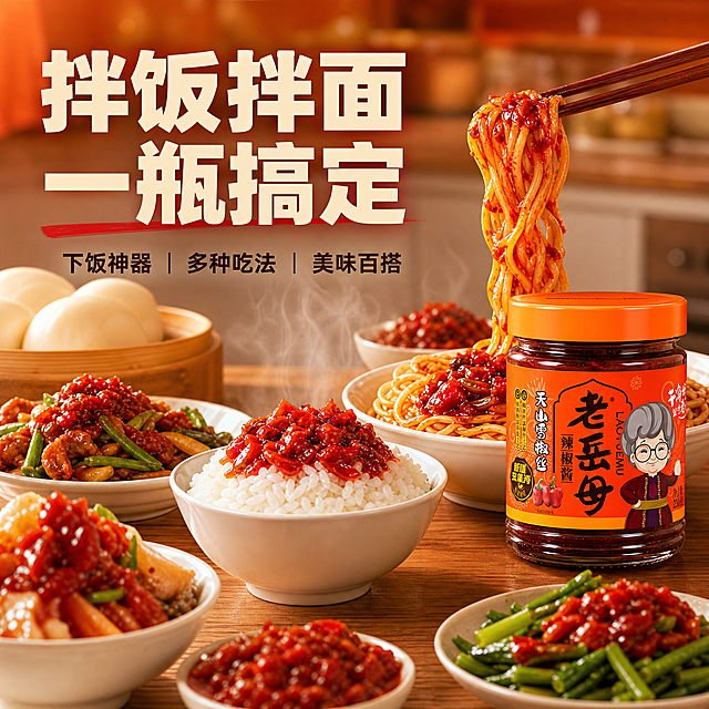 [主图-4] 食用场景与体验 生活代入主题。
[统一基调] 淘宝天猫食品主图 暖橙红喜庆食欲风 背景主色暖橙渐变 标题字色米白加粗 辅助字色深棕 强调色正红 字体为粗黑体厚重有力 整体专业品质有食欲感。
[画面] 家庭餐桌场景 木质餐桌上摆放一碗热气腾腾的白米饭 旁边有拌面 馒头 炒菜等多种食物 每样食物上都浇有老岳母辣椒酱 色泽红亮诱人 产品瓶身放在餐桌右侧 自然摆放 有一双筷子正夹起裹着辣椒酱的面条 动态感强 背景虚化温馨厨房环境。
[光影质感] 温馨家庭用餐光线 暖色调自然光 食物热气腾腾 辣椒酱油亮光泽自然 整体氛围温暖有食欲。
[配色] 暖木色桌面 白瓷碗 红亮辣椒酱 绿色配菜点缀 整体暖色调温馨和谐。
[文字版式] 上方大标题 拌饭拌面 一瓶搞定 下方小字 下饭神器 多种吃法 美味百搭 文字放在画面上方或左侧负空间 不遮挡食物主体。
[输出要求] 1:1正方形 2048px 场景真实有生活感 食物诱人 文字清晰 禁止变形错字模糊水印平台logo 禁止绝对化用语
