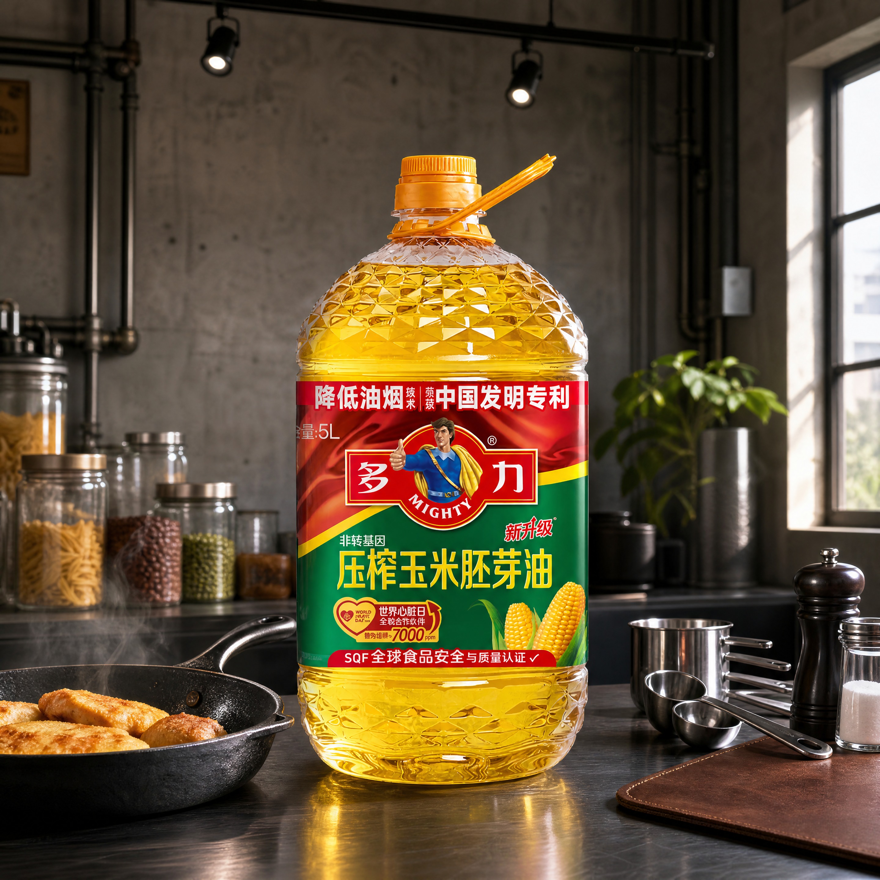 超写实食品商业摄影。 主体：5L装玉米油桶严格参照上传产品图，… - 图片创意预览