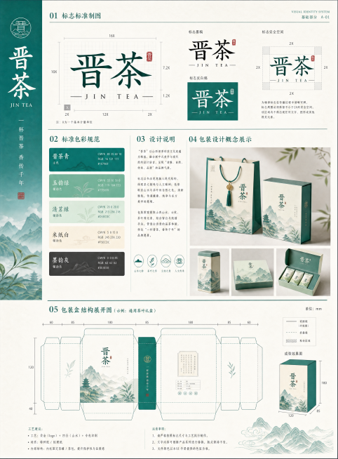 A3尺寸排版晋茶茶叶包装设计vi规范，包含：上方logo标准网格图，中间标准色卡区域、设计说明、设计方案展示，下方放置刀版图，整体风格新中式国风，清新青绿色系，参考提供的模板排版，布局工整清晰预览效果