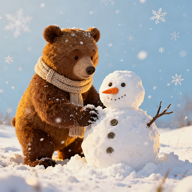 童话故事风格，戴着针织小围巾的小熊在雪地里堆雪人，雪花轻轻飘落，画面温馨治愈