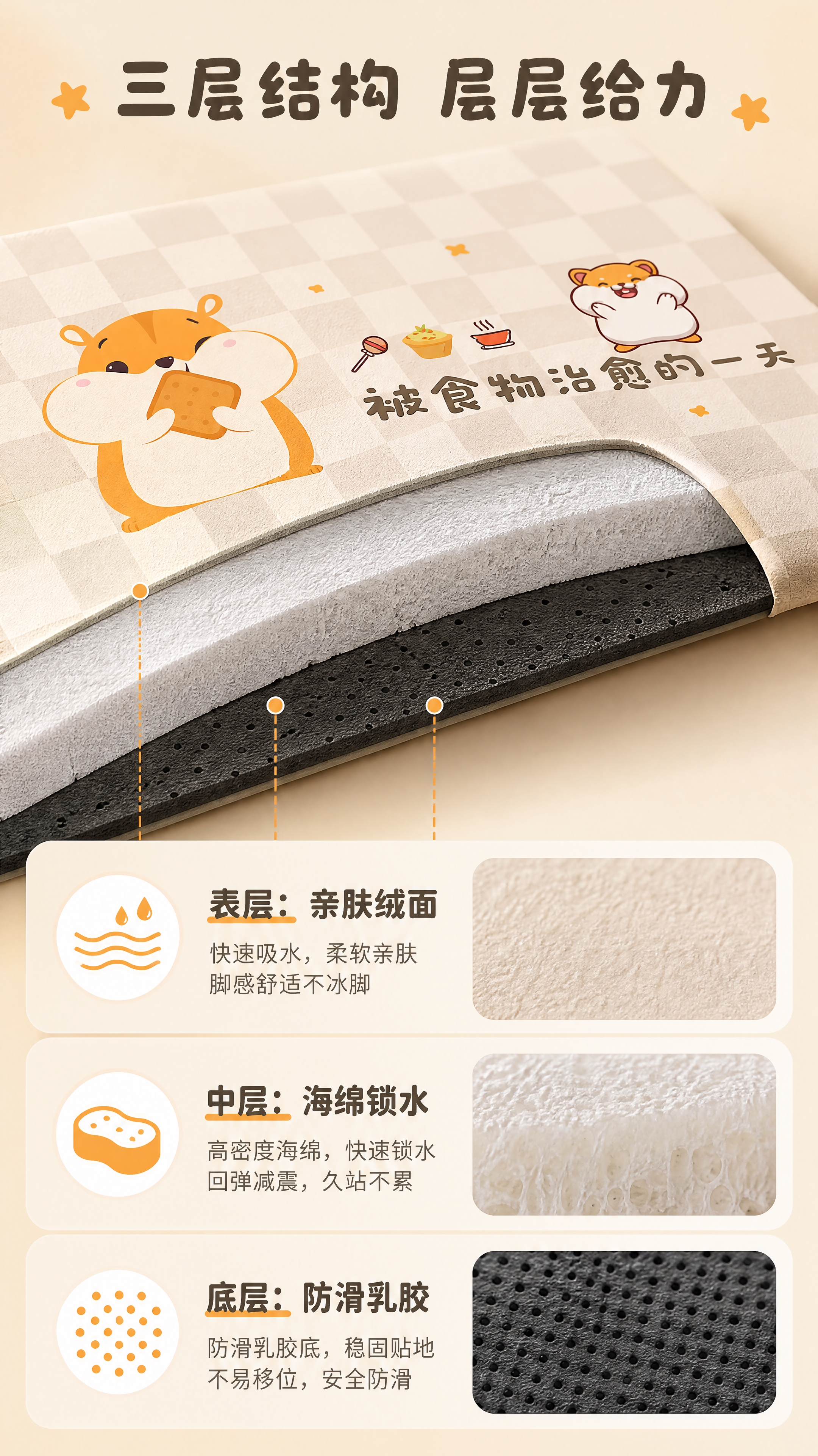 [商品] 使用【图1】治愈仓鼠厨房地垫短款；保留浅米白棋盘格底… - 图片创意预览