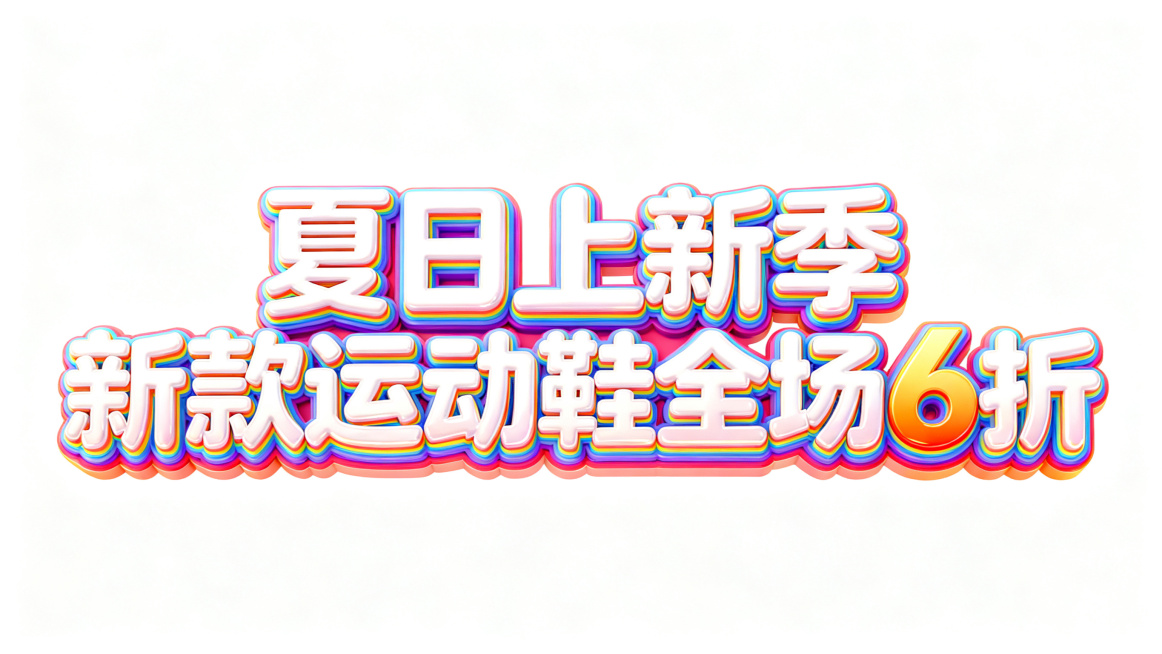 纯白色背景。3D艺术字体设计，主体文字“夏日上新季 新款运动鞋全场6折”，所有文字单行横向排列，强烈促销氛围立体艺术字，笔画膨胀饱满富有夸张张力，卡通立体光泽效果，彩色多层渐变，明亮饱满撞色搭配，仅包预览效果