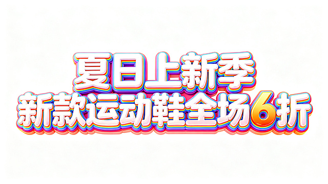 纯白色背景。3D艺术字体设计，主体文字“夏日上新季 新款运动鞋全场6折”，所有文字单行横向排列，强烈促销氛围立体艺术字，笔画膨胀饱满富有夸张张力，卡通立体光泽效果，彩色多层渐变，明亮饱满撞色搭配，仅包含文字："夏日上新季"、"新款运动鞋"、"全场6折"，不得增加、遗漏或替换任何一个字。文字整体必须完整呈现在画面内不可被裁切，四周留有安全边距。比例16:9。