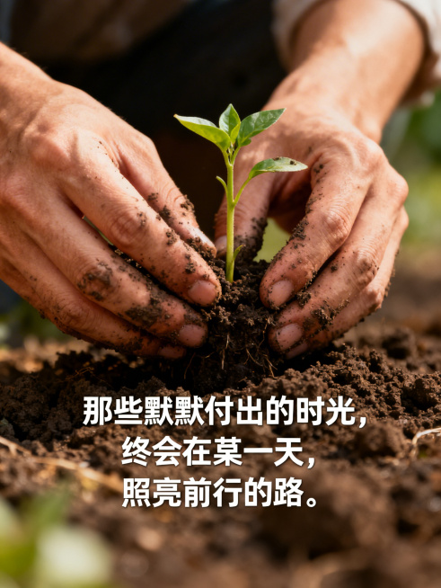特写镜头下，一双沾着泥土的手，正在精心培育一株植物嫩苗，背景虚化，突出手部的专注感与生命力量，整体色调温暖治愈，画面添加文字：“那些默默付出的时光，终会在某一天，照亮前行的路。”预览效果