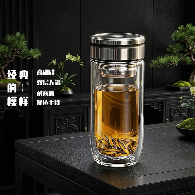保持玻璃杯整体结构、杯内茶叶形态完全不变，更换为黑色优雅高档茶室背景，背景点缀绿植营造雅致氛围，将左侧文字放大两个号，清晰醒目，极致优化双层玻璃通透度，内外层玻璃完全透明仿若不存在，透过玻璃和茶水可清预览效果